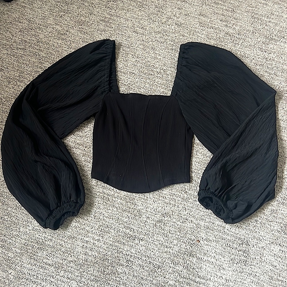 Urban Outfitters Bustier Crop Off-The-Shoulder Balloon Sleeve Top: Black,Size S